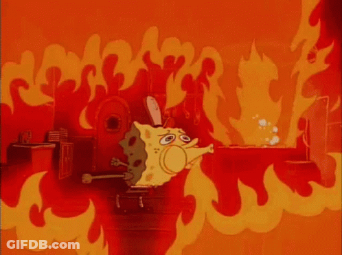 A Cartoon Character Named Spongebob Is Standing In A Room Filled With Flames . GIF