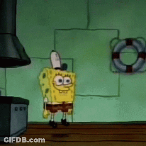 A Cartoon Character Named Spongebob Is Standing In Front Of A Life Preserver GIF