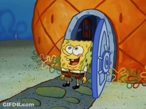 A Cartoon Character Named Spongebob Is Standing In Front Of A Pineapple Under The Sea GIF