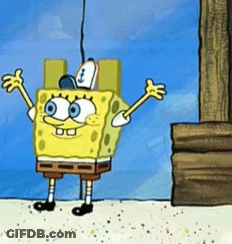 A Cartoon Character Named Spongebob Is Standing On A Beach With His Arms Outstretched GIF