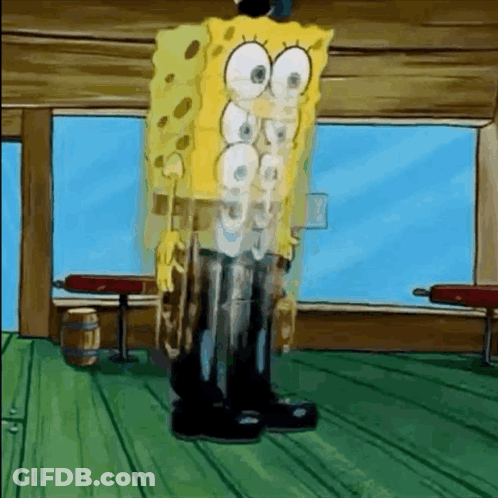 A Cartoon Character Named Spongebob Is Standing On A Wooden Floor GIF