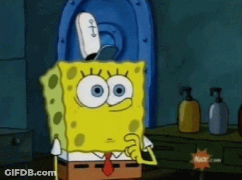 A Cartoon Character Named Spongebob Squarepants Is Standing In Front Of A Blue Door Holding A Remote Control . GIF