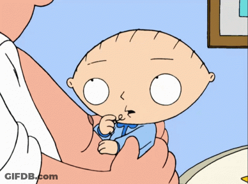A Cartoon Character Named Stewie Is Being Held By Someone GIF
