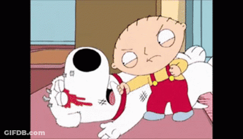 A Cartoon Character Named Stewie Is Holding A Dog That Is Laying On The Floor GIF