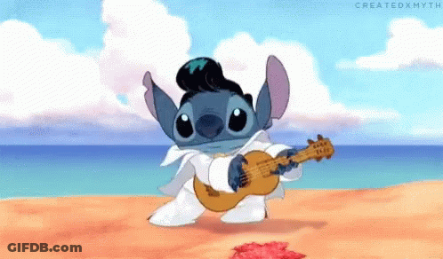 A Cartoon Character Named Stitch Is Playing A Guitar On The Beach . GIF