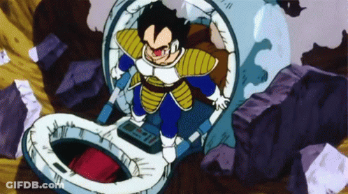 A Cartoon Character Named Vegeta Is Sitting In A Capsule With His Mouth Open GIF
