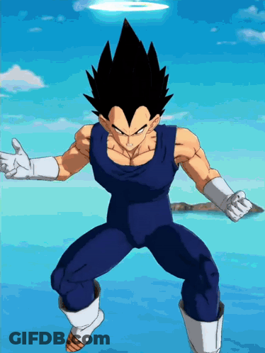 A Cartoon Character Named Vegeta Is Standing In Front Of A Blue Background GIF