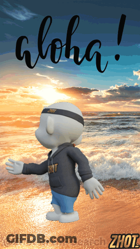 A Cartoon Character On A Beach With The Words Aloha Written On It GIF
