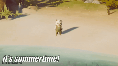 A Cartoon Character On A Beach With The Words It 'S Summertime On The Bottom GIF