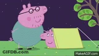 A Cartoon Character , Peppa Pig , Is Standing Next To A Yellow Tent . GIF
