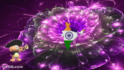A Cartoon Character Playing A Trumpet In Front Of A Purple Flower With A Map Of India On It GIF