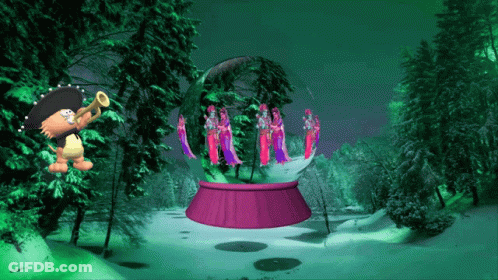 A Cartoon Character Playing A Trumpet In Front Of A Snow Globe With Angels Inside GIF