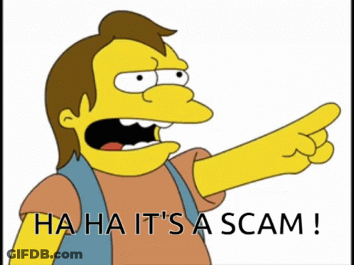 A Cartoon Character Pointing With The Words " Ha Ha It 'S A Scam " GIF