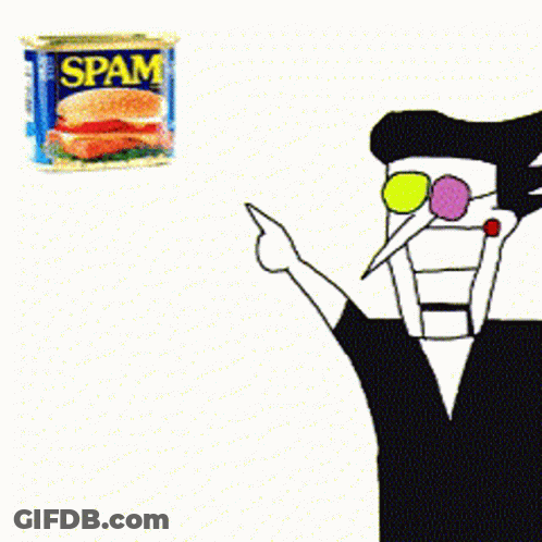 A Cartoon Character Points At A Can Of Spam GIF