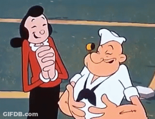 A Cartoon Character , Popeye , And A Woman Are Standing Next To Each Other . GIF