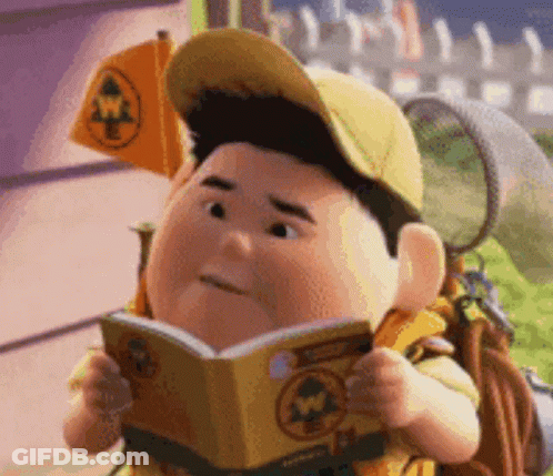 A Cartoon Character Reading A Book With A Scout Badge On It GIF