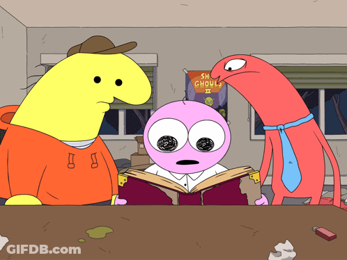 A Cartoon Character Reading A Book With A Sign That Says Sh Chouls Ii On It GIF