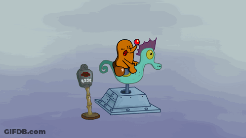 A Cartoon Character Riding A Seahorse Next To A Parking Meter That Says 4.29C GIF