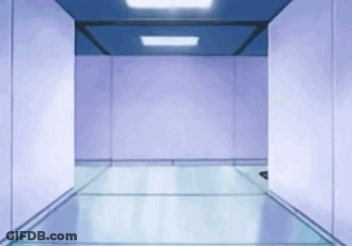 A Cartoon Character Running Through A Hallway With A Light On The Ceiling GIF