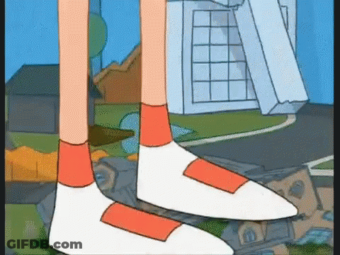 A Cartoon Character 'S Feet Are Shown In A Pair Of White Shoes With Orange Straps . GIF