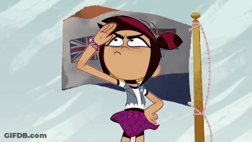 A Cartoon Character Saluting In Front Of A Flag GIF