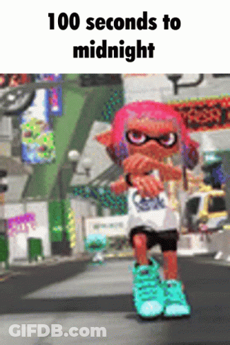 A Cartoon Character Says 100 Seconds To Midnight On The Bottom GIF