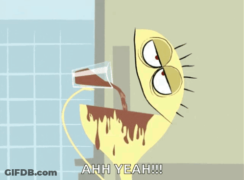 A Cartoon Character Says Ahh Yeah While Pouring Coffee Into A Glass GIF