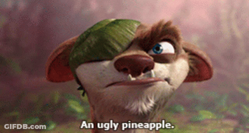 A Cartoon Character Says " An Ugly Pineapple " In Front Of A Turtle GIF