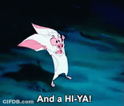 A Cartoon Character Says And A Hi-Ya On A Blue Background GIF