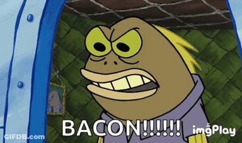 A Cartoon Character Says Bacon While Looking Out Of A Doorway GIF