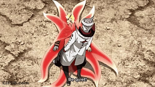 A Cartoon Character Says " Be Quiet " While Standing Next To Another GIF