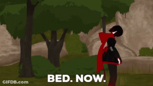 A Cartoon Character Says Bed Now While Standing In The Woods GIF