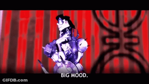 Cartoon Saying Big Mood In Front Of Red Curtain GIF