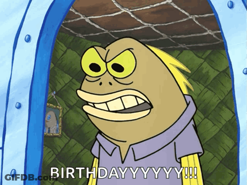 A Cartoon Character Says " Birthday Yyy !!! " In A Blue Doorway GIF