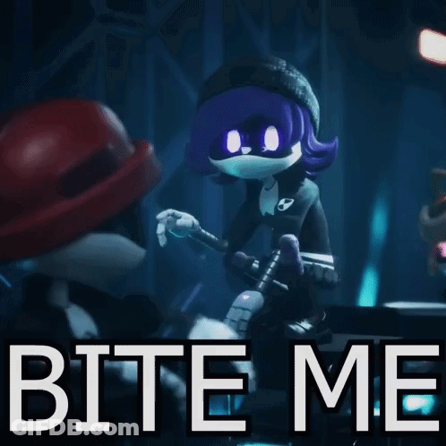 A Cartoon Character Says " Bite Me " While Holding A Guitar GIF