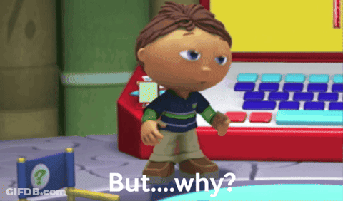 A Cartoon Character Says But Why In Front Of A Computer Keyboard GIF