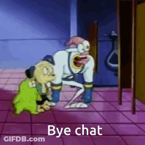 A Cartoon Character Says Bye Chat In Front Of A Toilet GIF