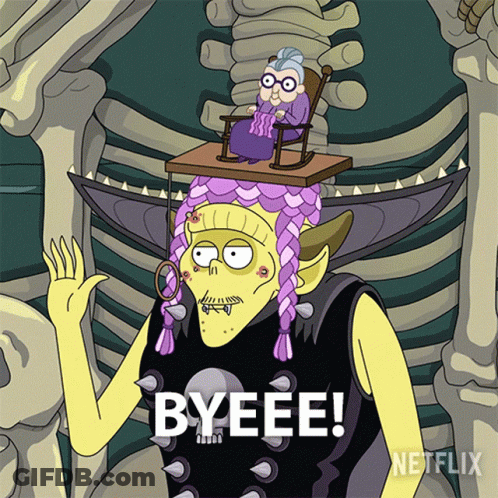 Cartoon Character Saying Bye In Front Of Old Lady GIF