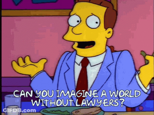 A Cartoon Character Says " Can You Imagine A World Without Lawyers " While Sitting At A Table With A Plate Of Food GIF