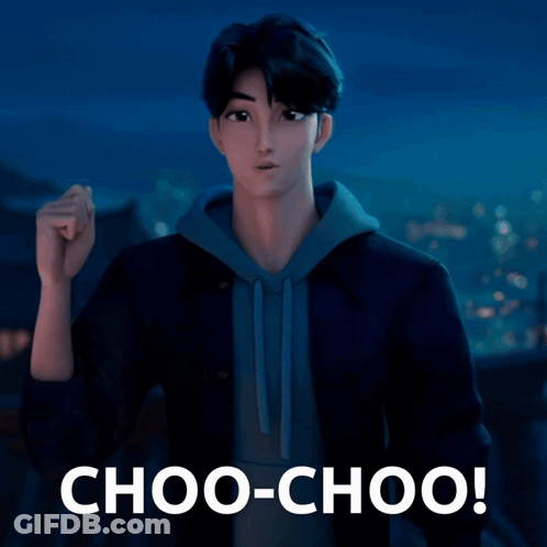 A Cartoon Character Says Choo-Choo In A Dark Blue Background GIF