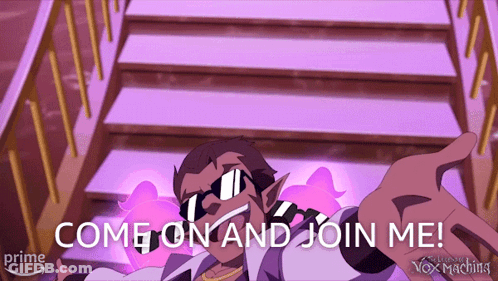A Cartoon Character Says " Come On And Join Me " In Front Of Some Stairs GIF