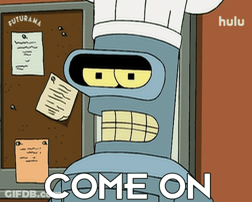 A Cartoon Character Says Come On In Front Of A Futurama Bulletin Board GIF