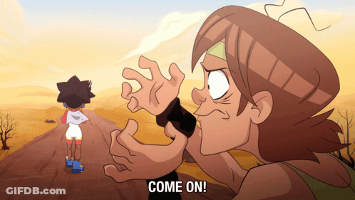 A Cartoon Character Says Come On While Another Character Looks On GIF