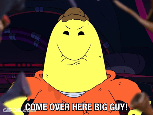 A Cartoon Character Says Come Over Here Big Guy In A Dark Room GIF