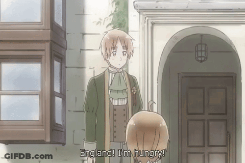A Cartoon Character Says England I 'M Hungry In Front Of A Door GIF