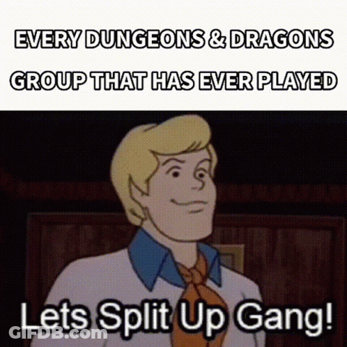 A Cartoon Character Says Every Dungeons & Dragons Group That Has Ever Played Lets Split Up Gang GIF