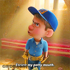 A Cartoon Character Says " Excuse My Potty Mouth " While Wearing A Blue Hat GIF