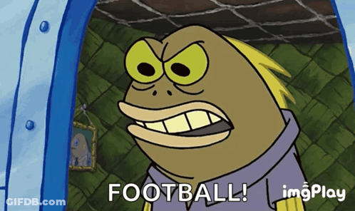 A Cartoon Character Says " Football " In Front Of A Door GIF
