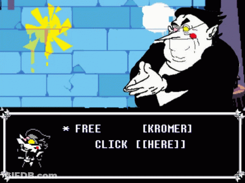 A Cartoon Character Says Free Click [ Kromer ] On The Screen GIF