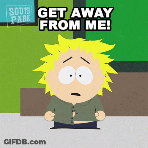 A Cartoon Character Says Get Away From Me In Black Letters GIF